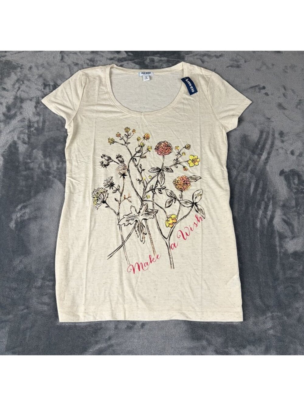 Old Navy Logo Graphic Flower Tshirt Womens M Medium Cotton Cream Crewneck NWT
